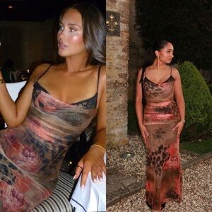 HOUSE OF CB Nalini Leopard Pink Floral Printed Mesh Lace Peekaboo Maxi Dress